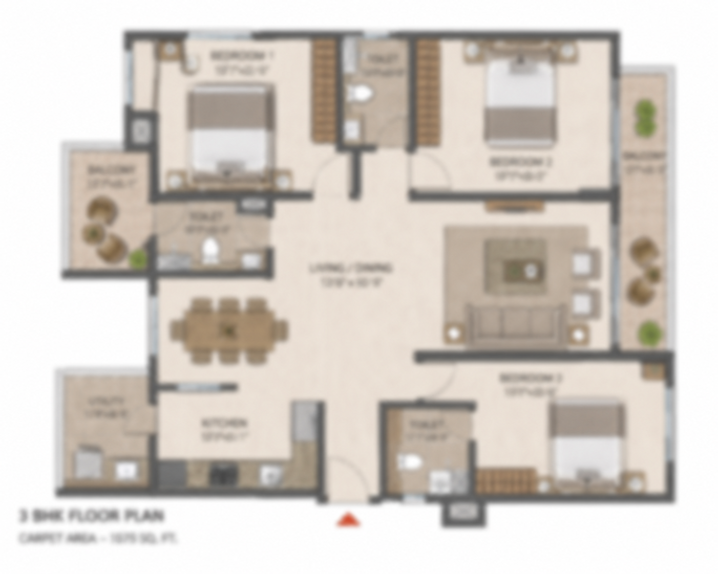 Blurred 3 BHK floor plan preview