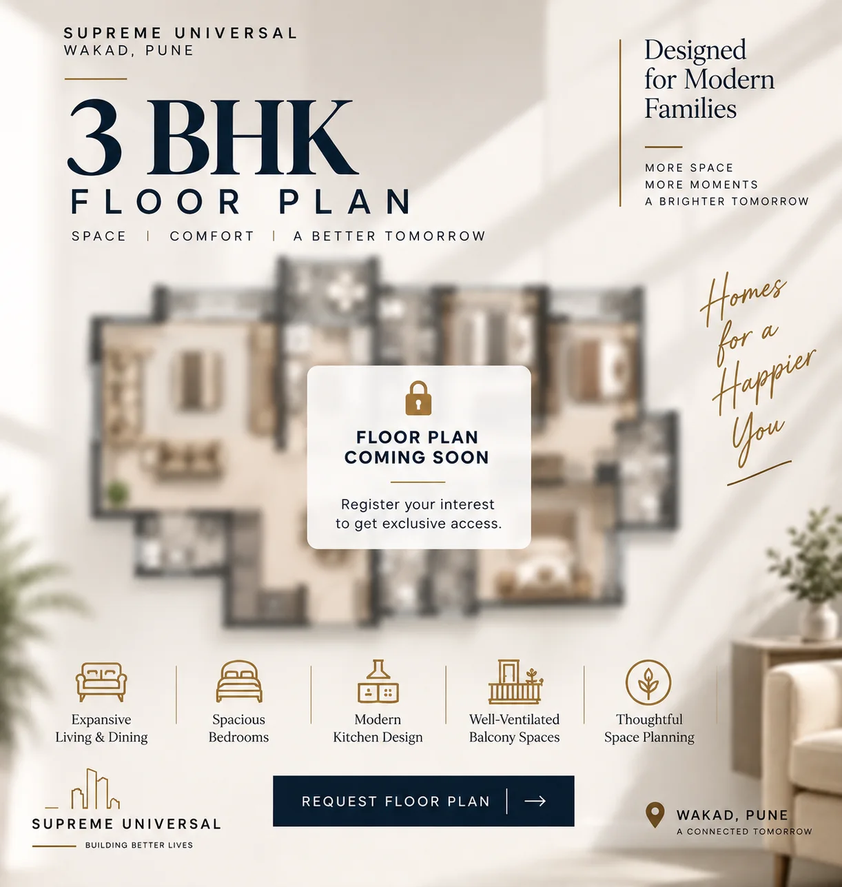 Supreme Universal Wakad 3 BHK blurred floor plan preview