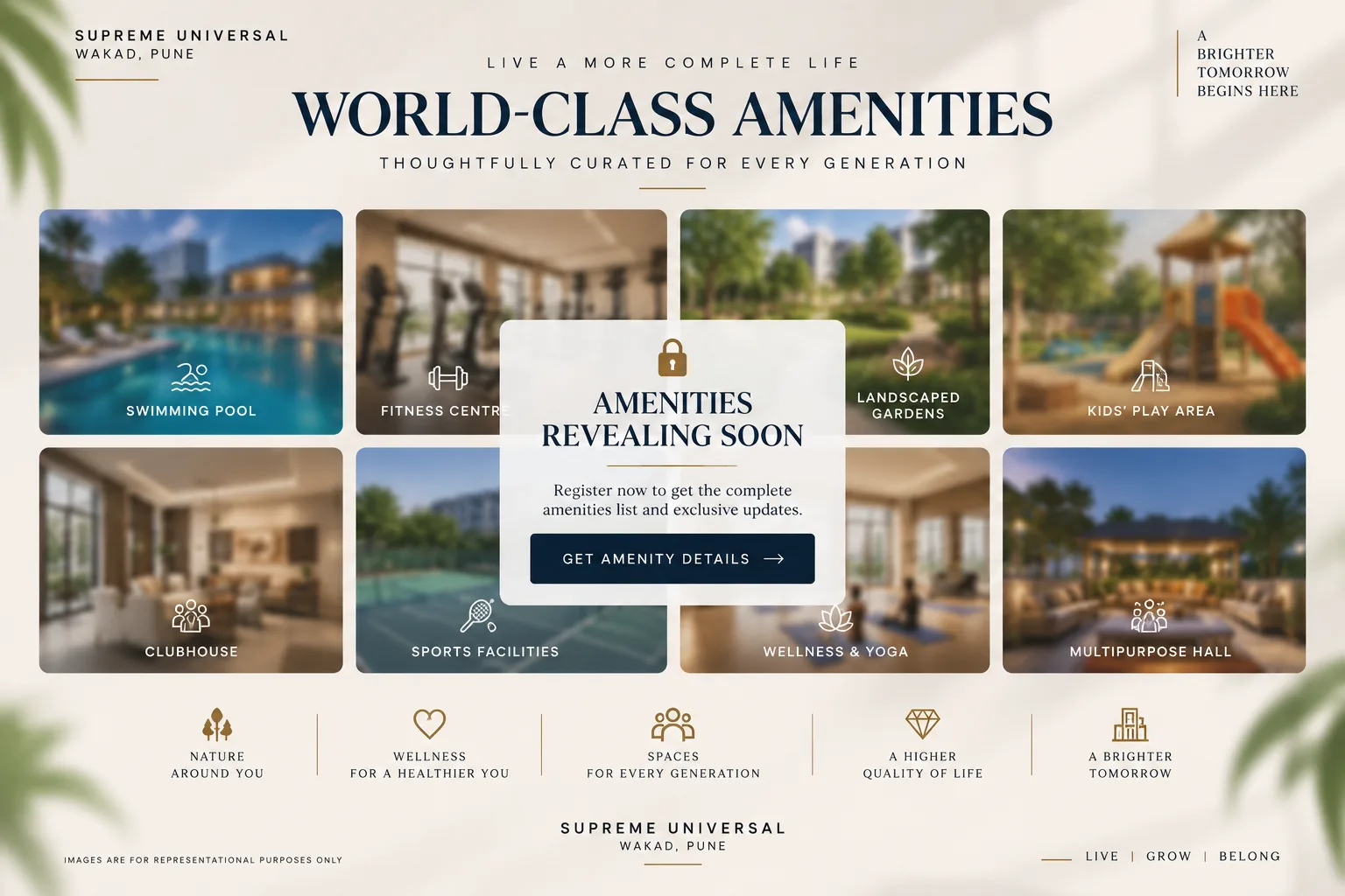 Supreme Universal Wakad amenities preview showing swimming pool, fitness centre, landscaped gardens, clubhouse and wellness spaces