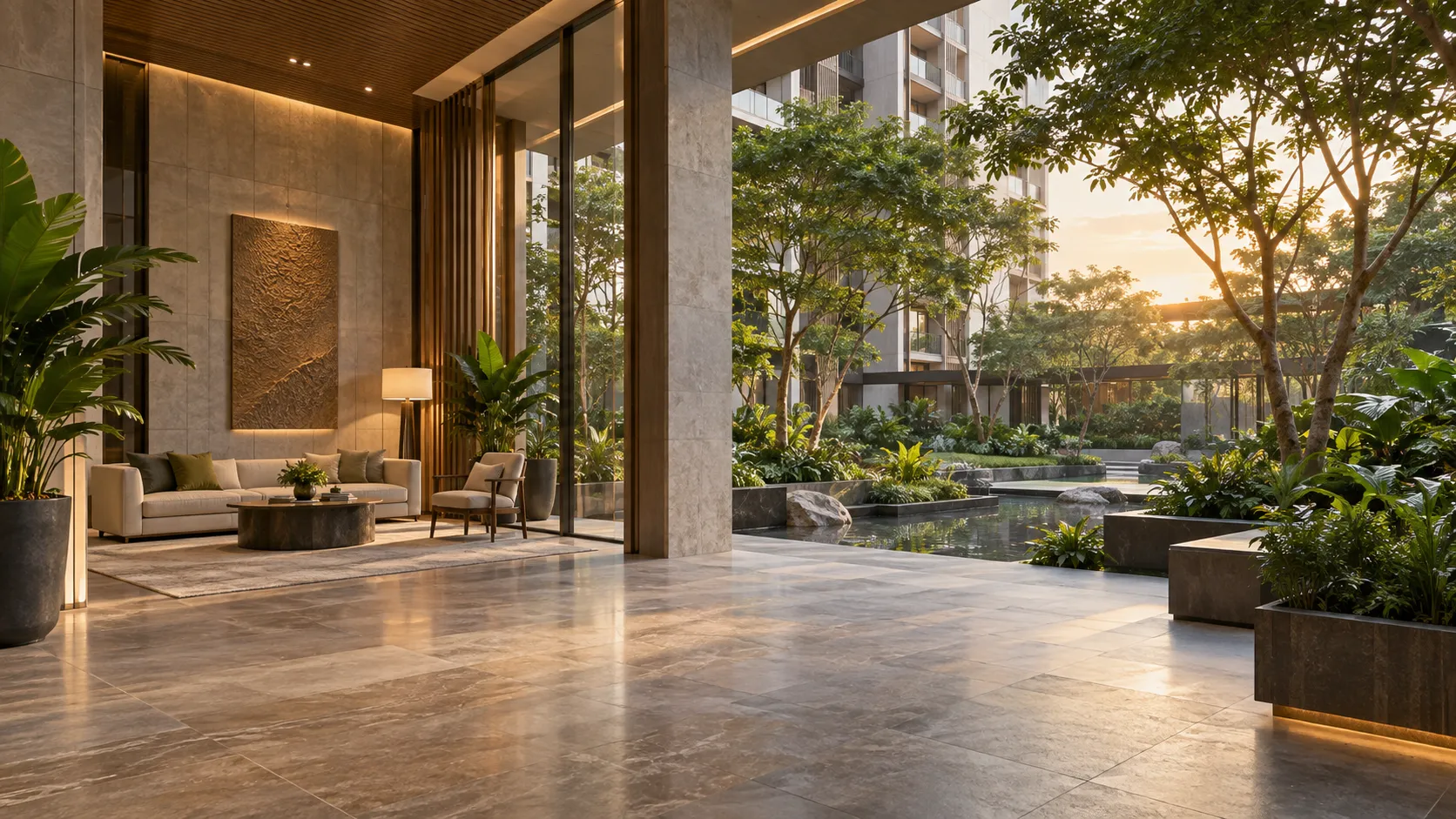 Representational luxury residential arrival and landscaped courtyard